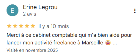 Avis Google 5 étoiles d’Erine Legrou sur Expert comptable Marseille 13, au sujet du lancement de son activité freelance